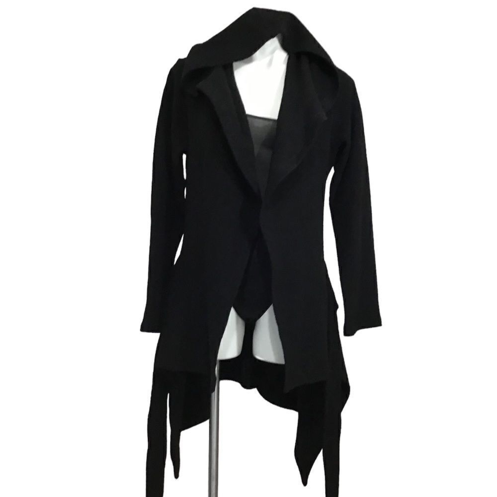 Marcellamoda Black Hooded Belted Wrap Asymmetrical Hem Sweater Size Medium